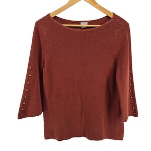 Chicos‎ 1/ M Rust Orange Sweater Gold Stud Sleeve Boat Neck Ribbed Knit